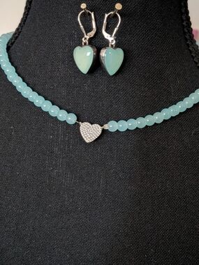 Sterling Heart Bead Pendant Necklace and Heart Drop Earrings - Aqua Blue